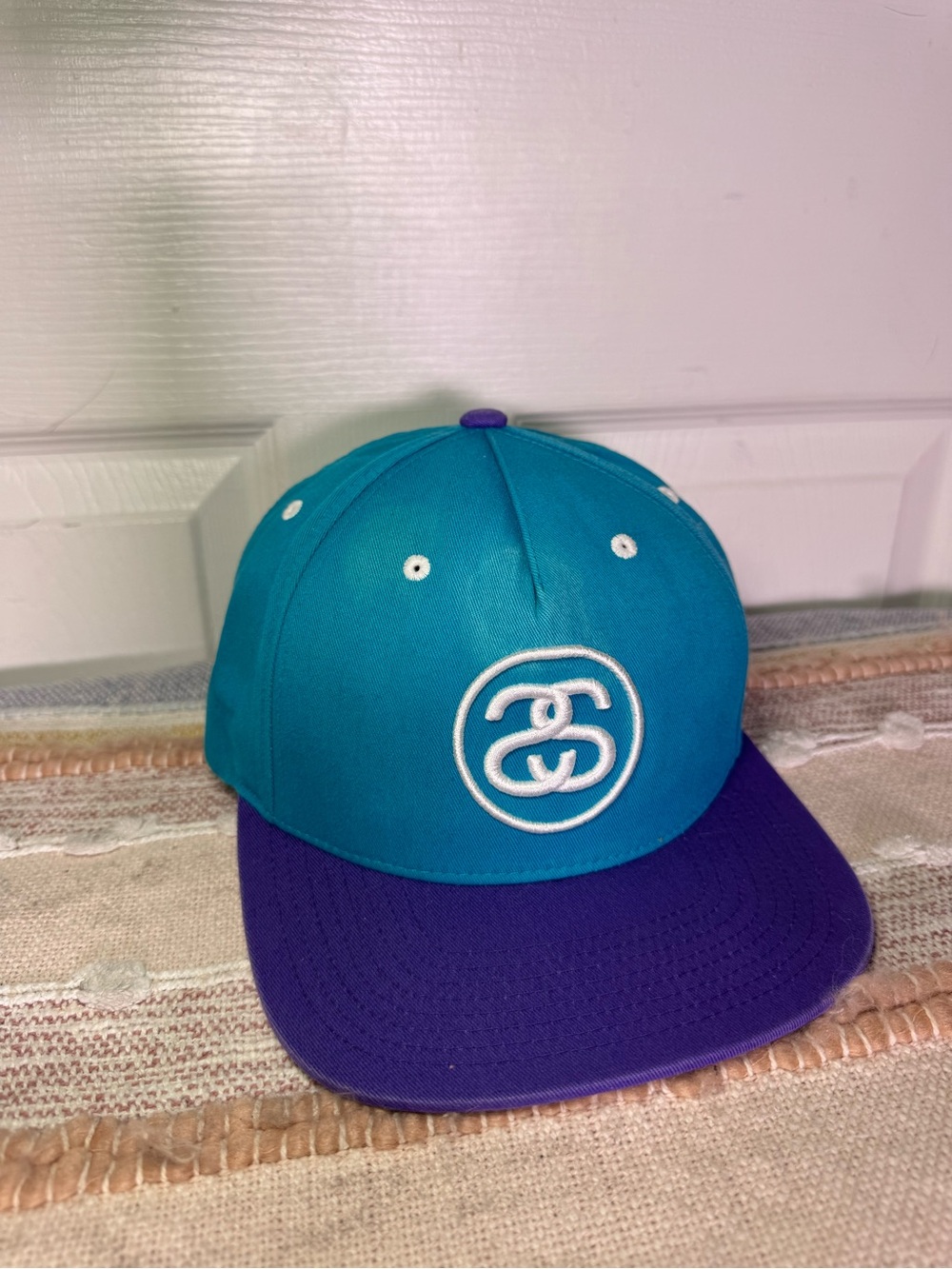Stussy Teal Crown Purple Brim Embroidered Logo Snapback